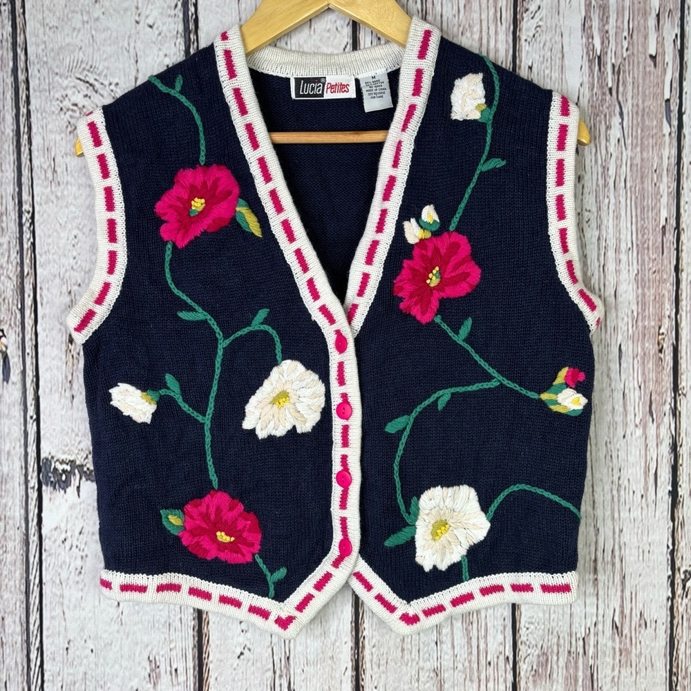 Lucia Petites Vintage 1980s-90s‎ Embroidered Knit Sweater Vest Medium Petite MP